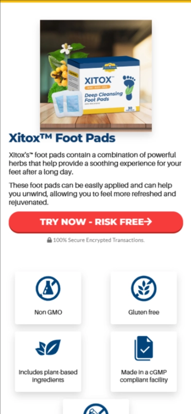 Box of Xitox deep cleansing foot pads with two adhesive pads displayed in front, representing a natural detox method for improving wellness and reducing toxin buildup